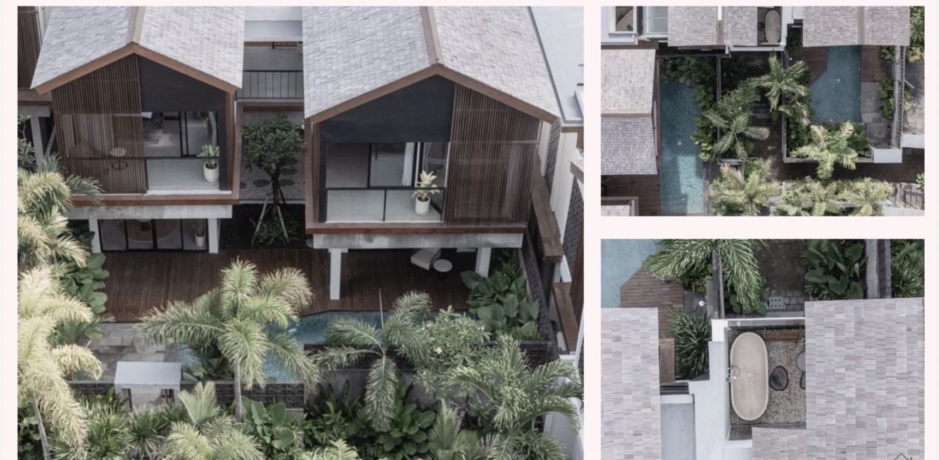 AKY Villas aerial view of teak pavilions, pool and tropical gardens in Canggu